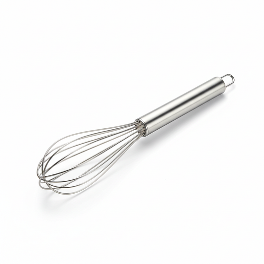 Stainless steel balloon kitchen whisk with tubular handle and hanging loop on pure white background
