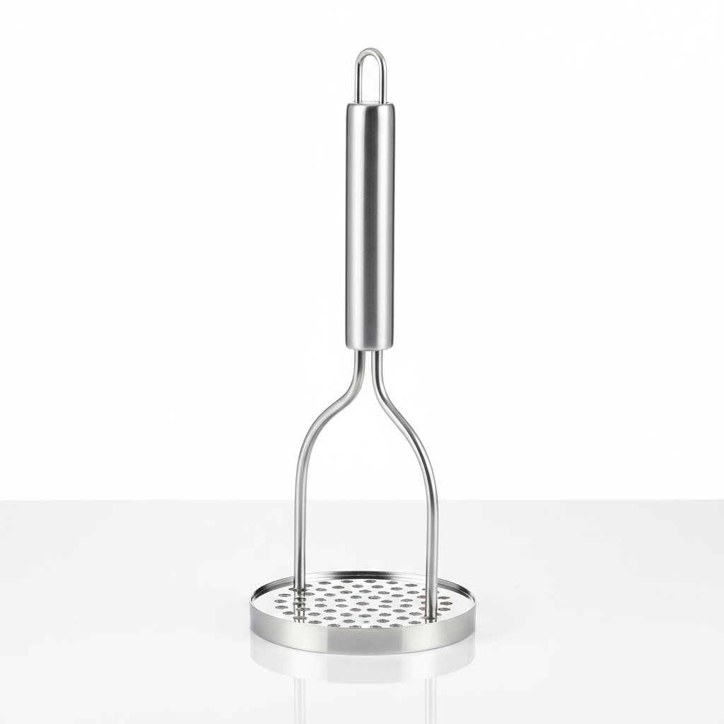 Stainless steel potato masher with perforated plate and tubular hanging loop handle on pure white background