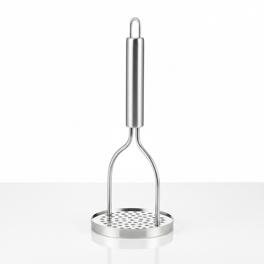 Stainless steel potato masher with perforated plate and tubular hanging loop handle on pure white background