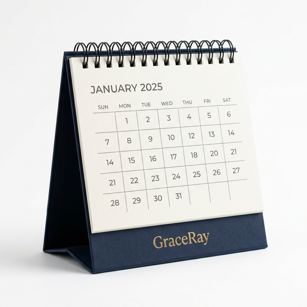 Custom logo desk calendar displayed on an office desk with visible monthly date pages.