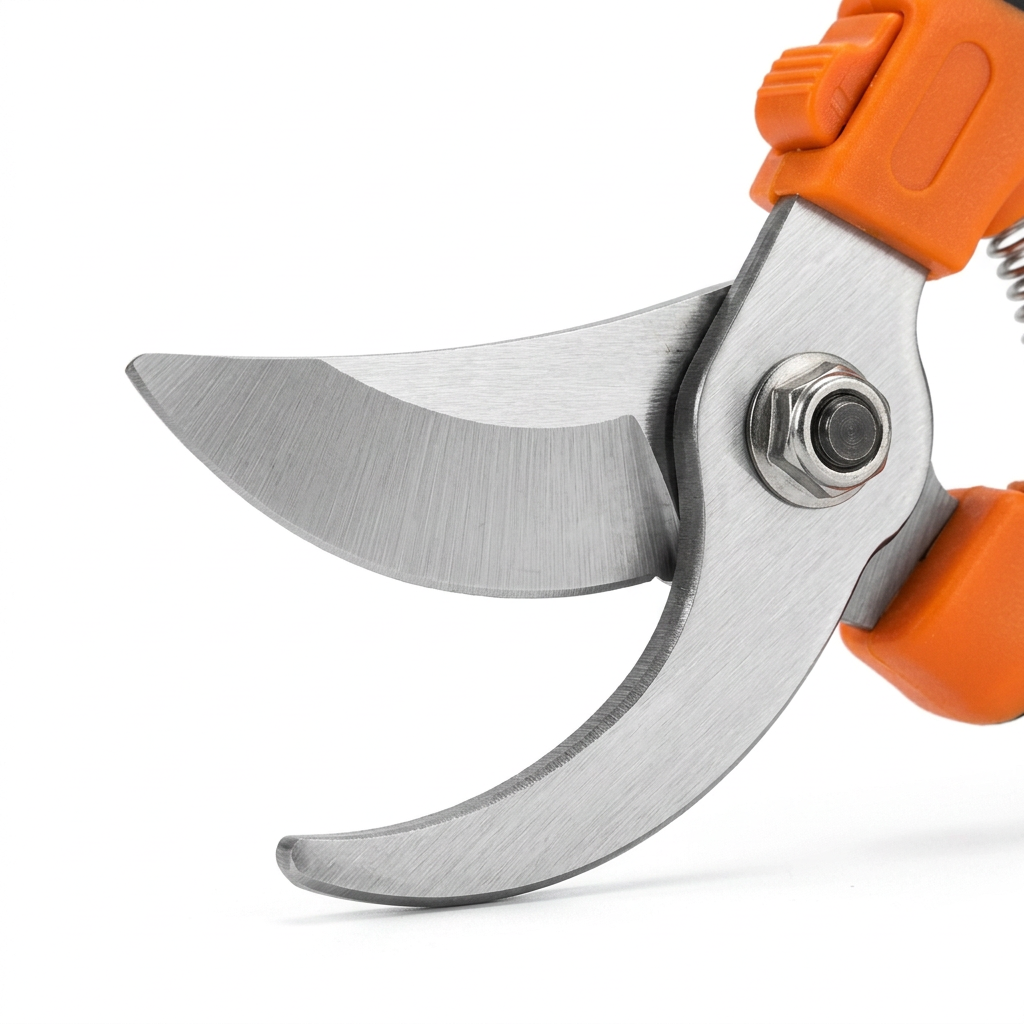 Macro close-up detail of garden pruning shears curved bypass blade, sharp beveled cutting edge, heavy center pivot locknut, and thumb lock