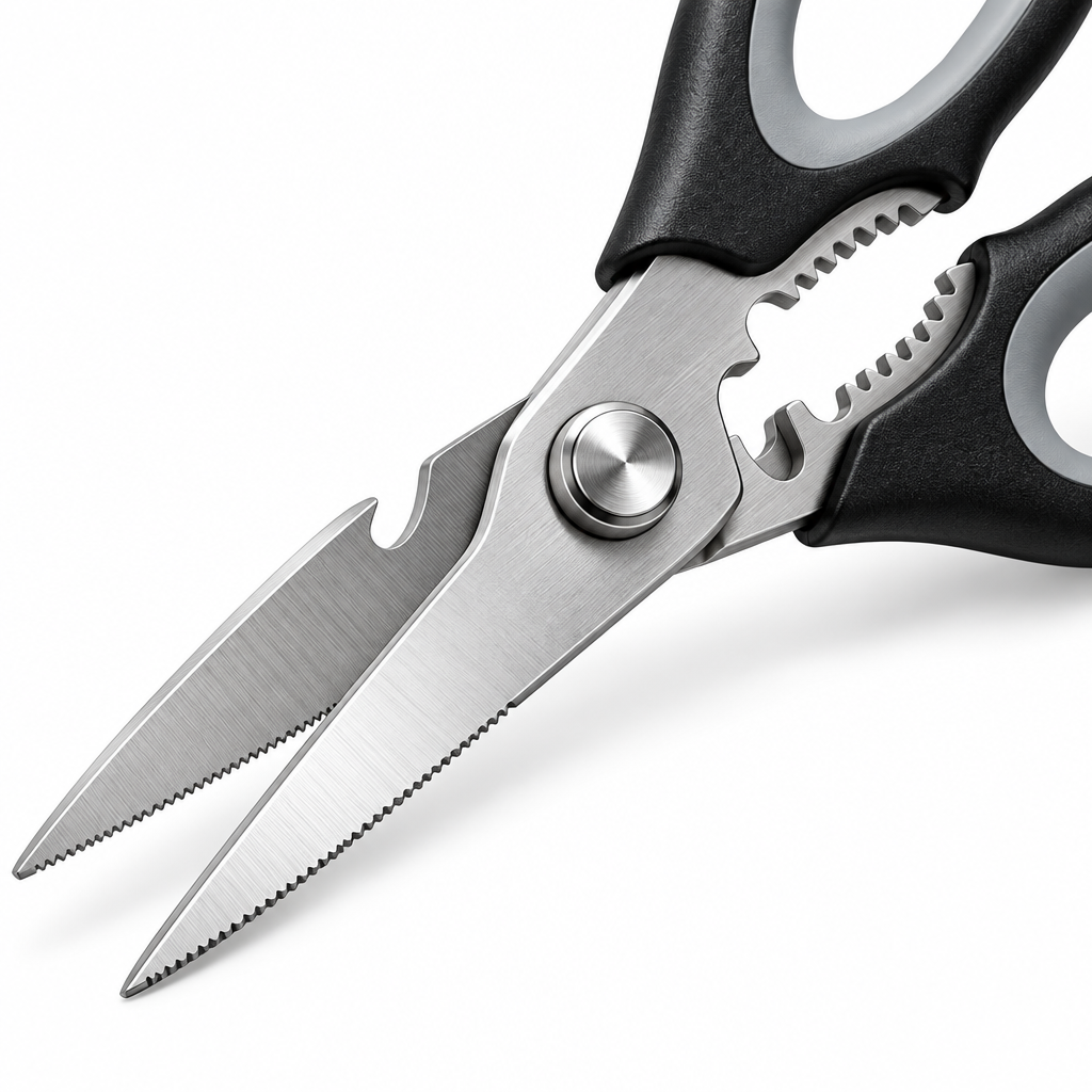 Close-up macro detail of micro-serrated blade edge bone notch and nutcracker teeth of kitchen scissors