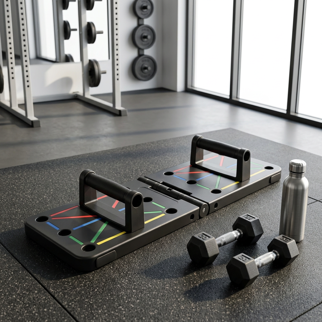 Foldable push-up board with handles locked into training positions on a fitness studio floor