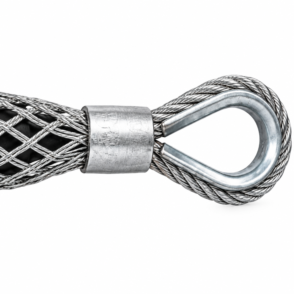 Macro close-up of swaged ferrule sleeve, pulling eye loop with thimble, and steel wire mesh weave