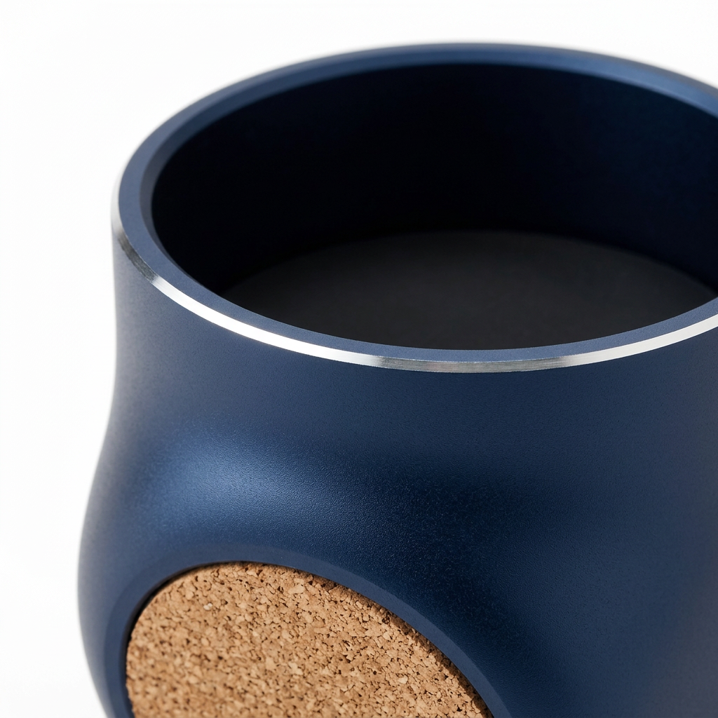Detail close-up of empty desktop pen holder showing CNC-machined rim, satin anodized sidewalls, and cork base pad on white background