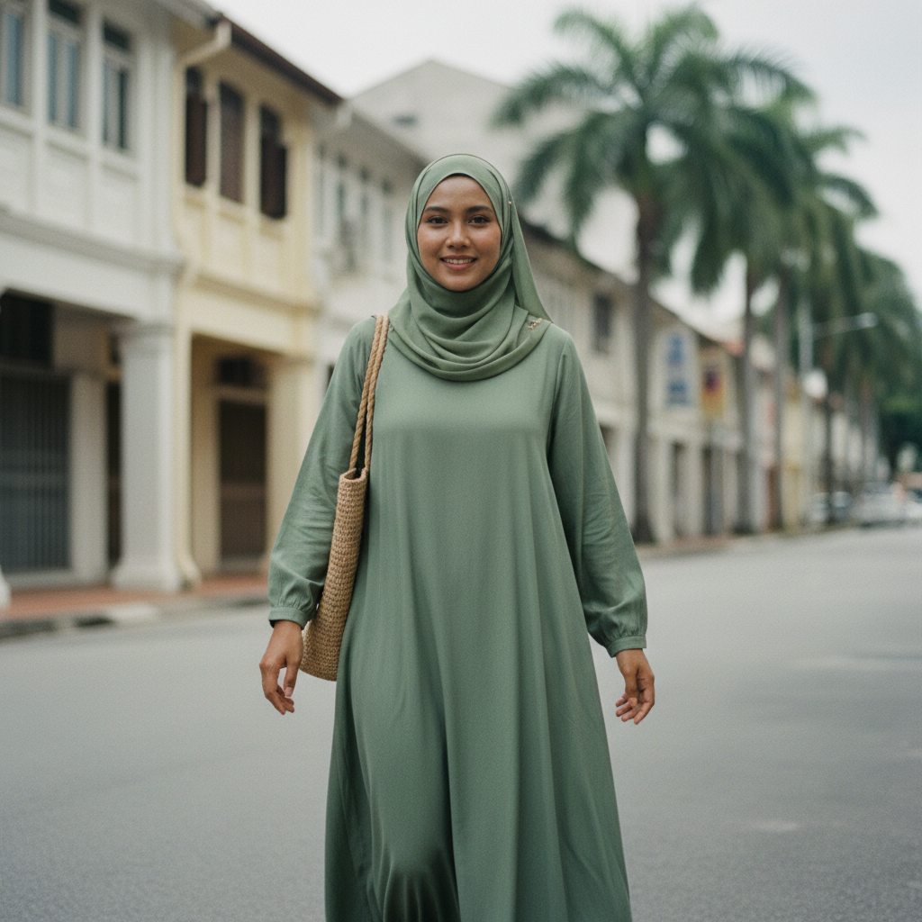 Malaysian Muslim woman sage green modest dress walking street