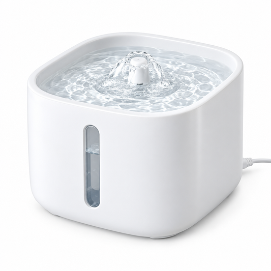 Automatic circulating electric pet water fountain with bubbling spout on pure white background