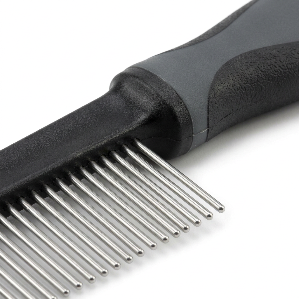 Macro close-up detail of fine stainless steel comb teeth spacing, rounded pin ends, and handle junction