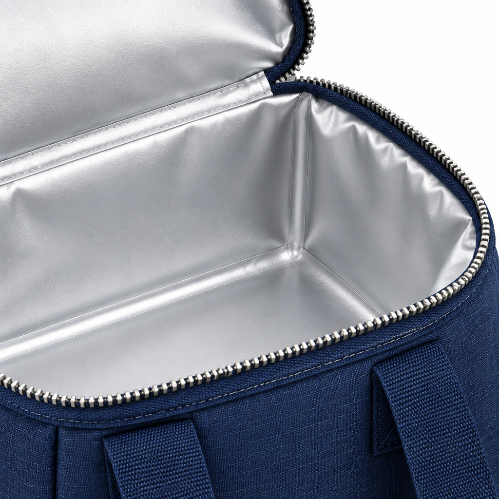 Close-up of the insulated lunch bag seamless leakproof PEVA lining and heavy-duty metal zipper opening