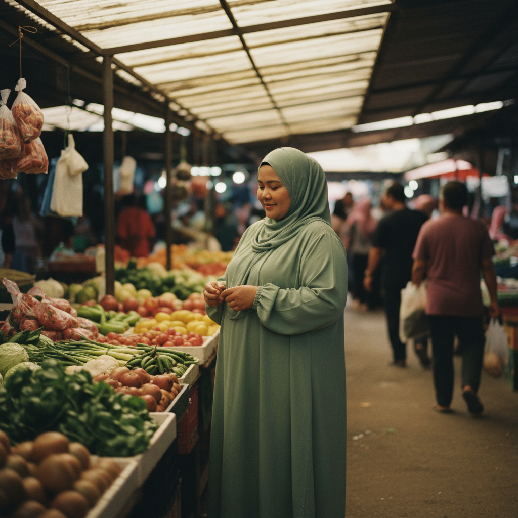 Malaysian Muslim woman sage green loose modest maxi dress at market
