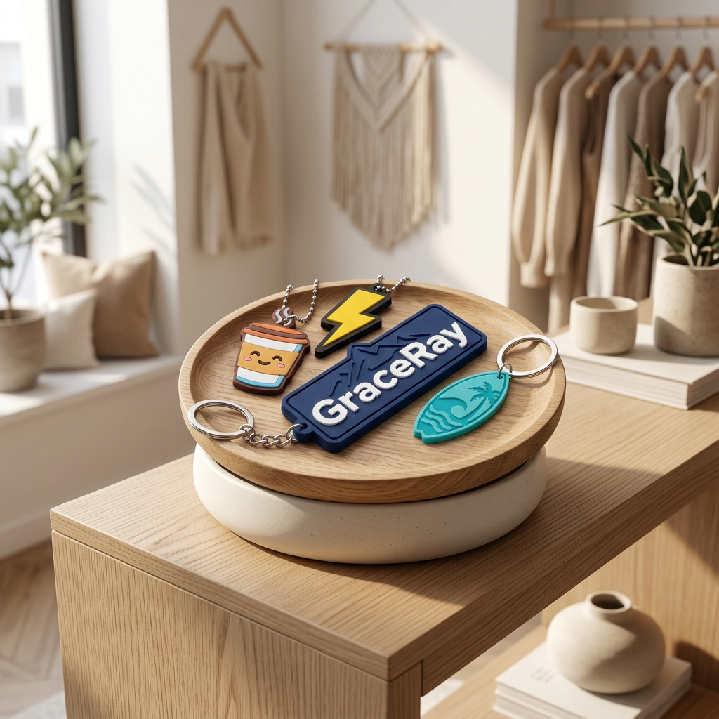 Custom 3D PVC rubber keychains displayed on a wooden dish in a lifestyle boutique setting