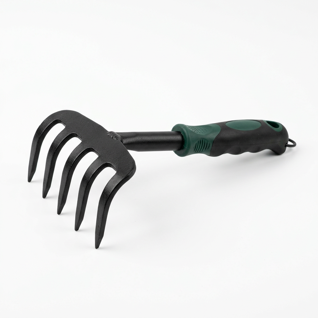 Single complete handheld 5-tine garden cultivator rake showing curved steel claw tines, welded neck, and ergonomic handle on pure white background