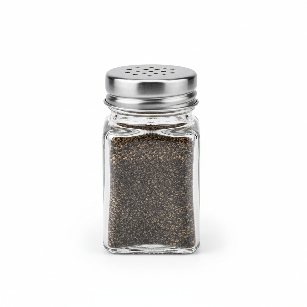 Square glass spice jar with stainless steel shaker lid filled with black pepper on pure white background