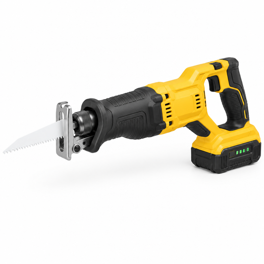 20V heavy-duty cordless reciprocating saw with pivoting shoe, bi-metal cutting blade, rubber front grip, and lithium-ion battery on a seamless pure white background