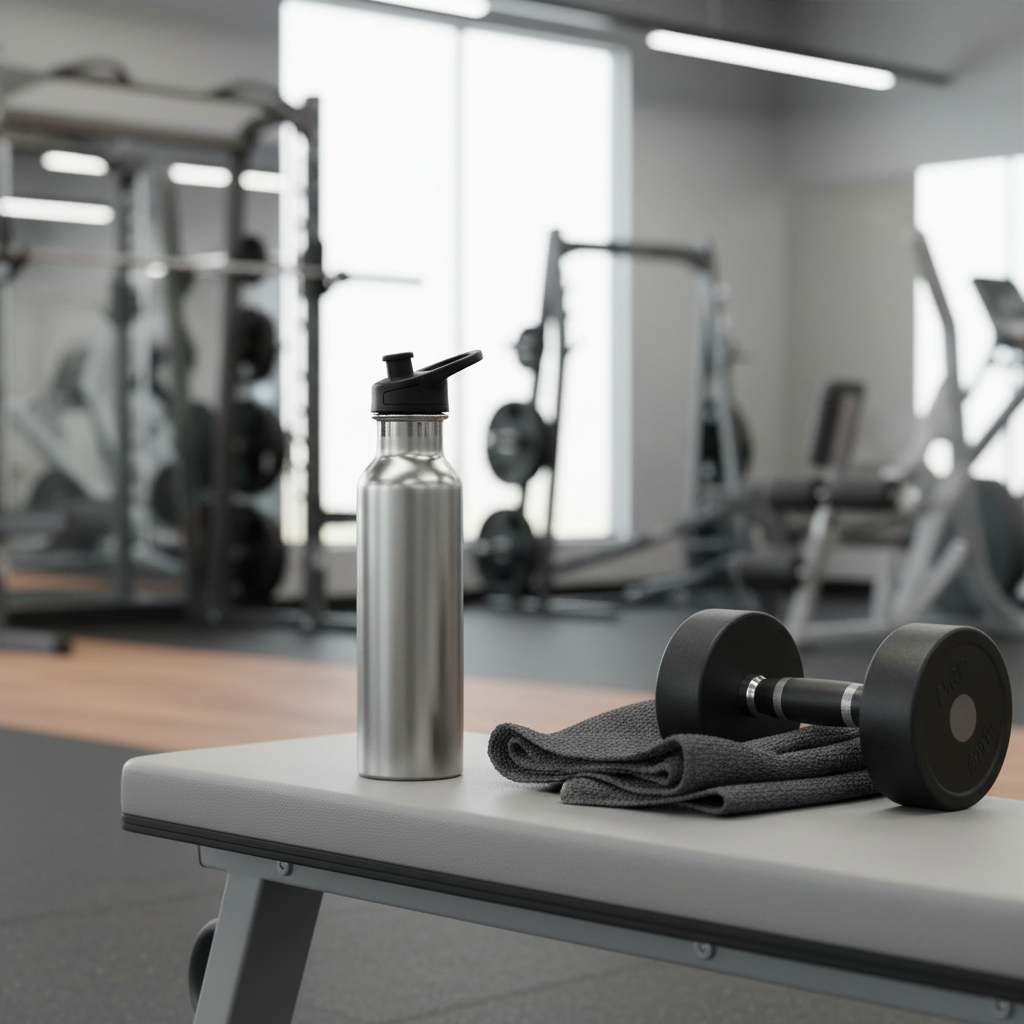 Stainless steel sports water bottle standing on gym bench next to towel and dumbbell