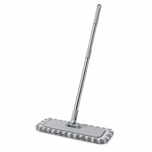 Microfiber mop, 360-degree flat floor mop with stainless steel handle and gray microfiber pad on white background