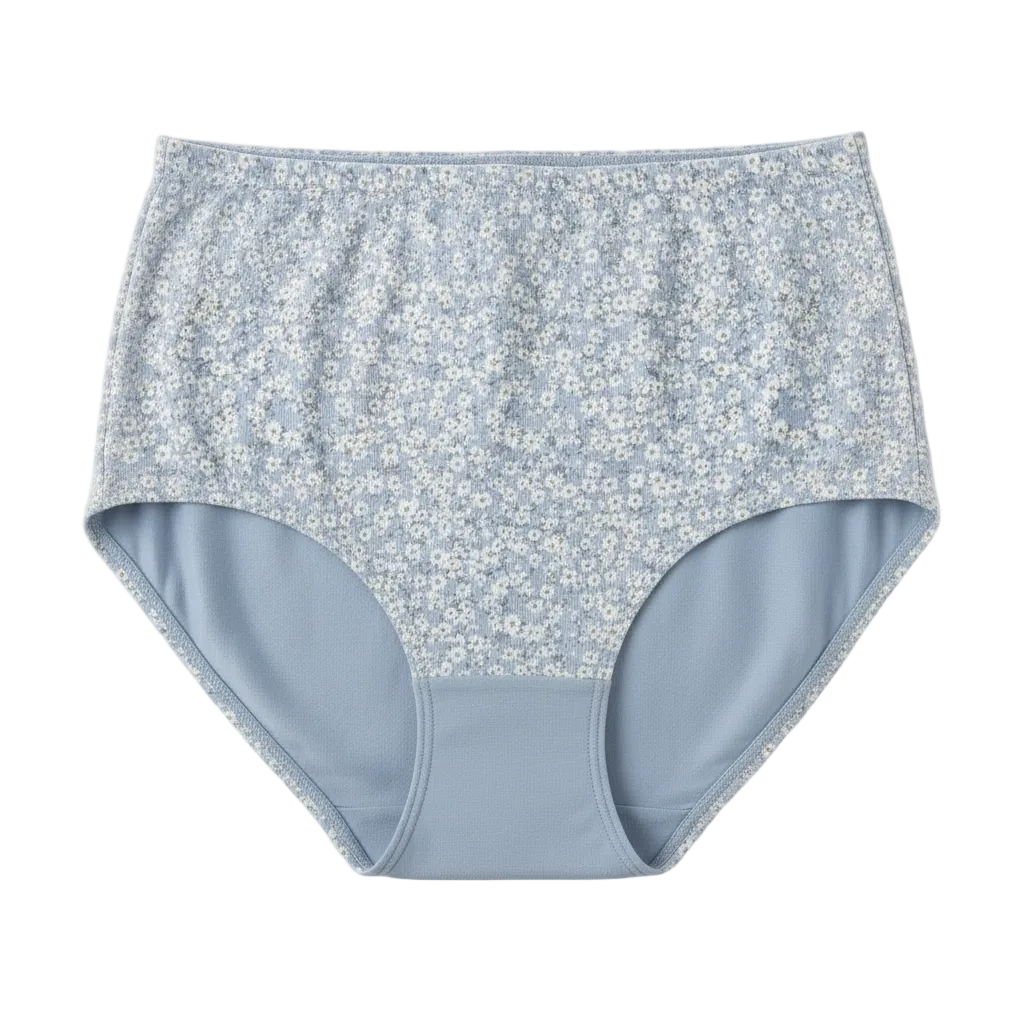 Back view of high waist printed cotton briefs on white background
