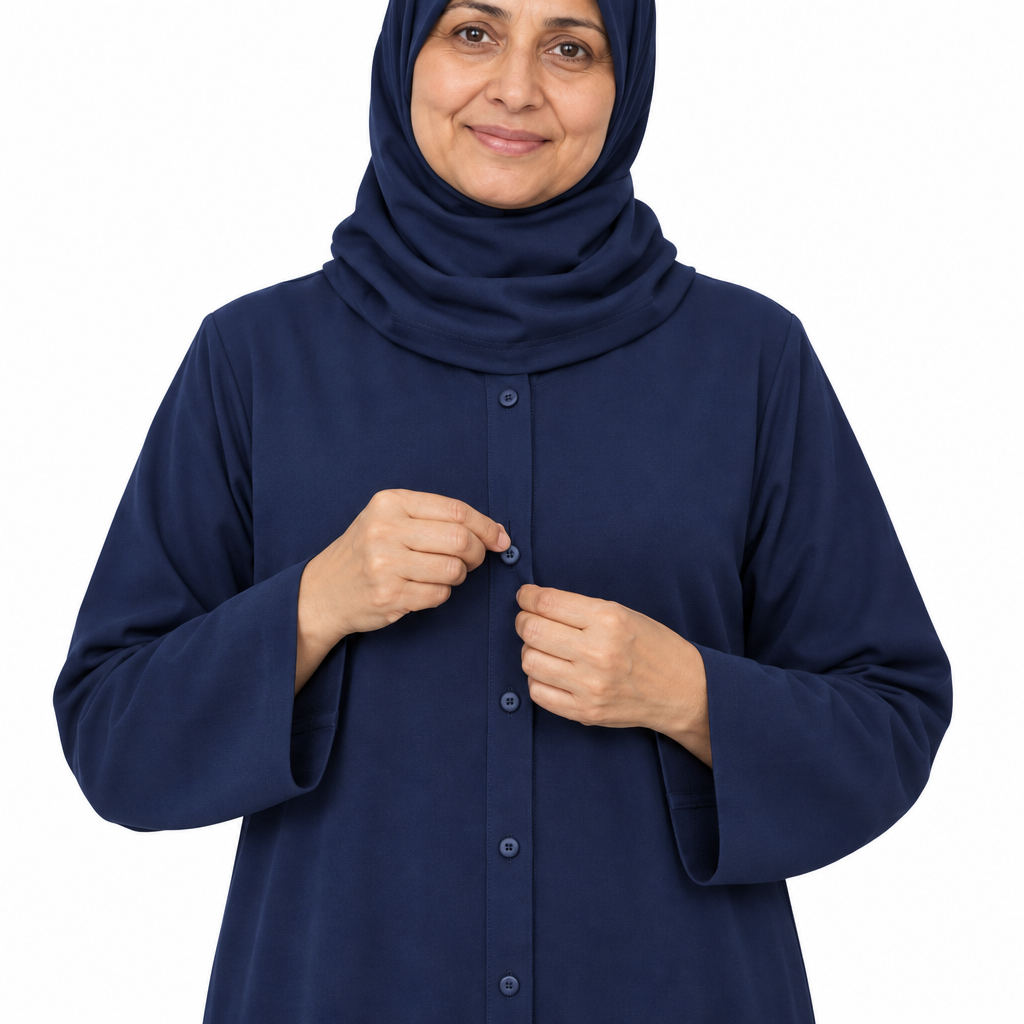 Close-up of hands fastening a small navy button on the center front placket of a dark navy abaya