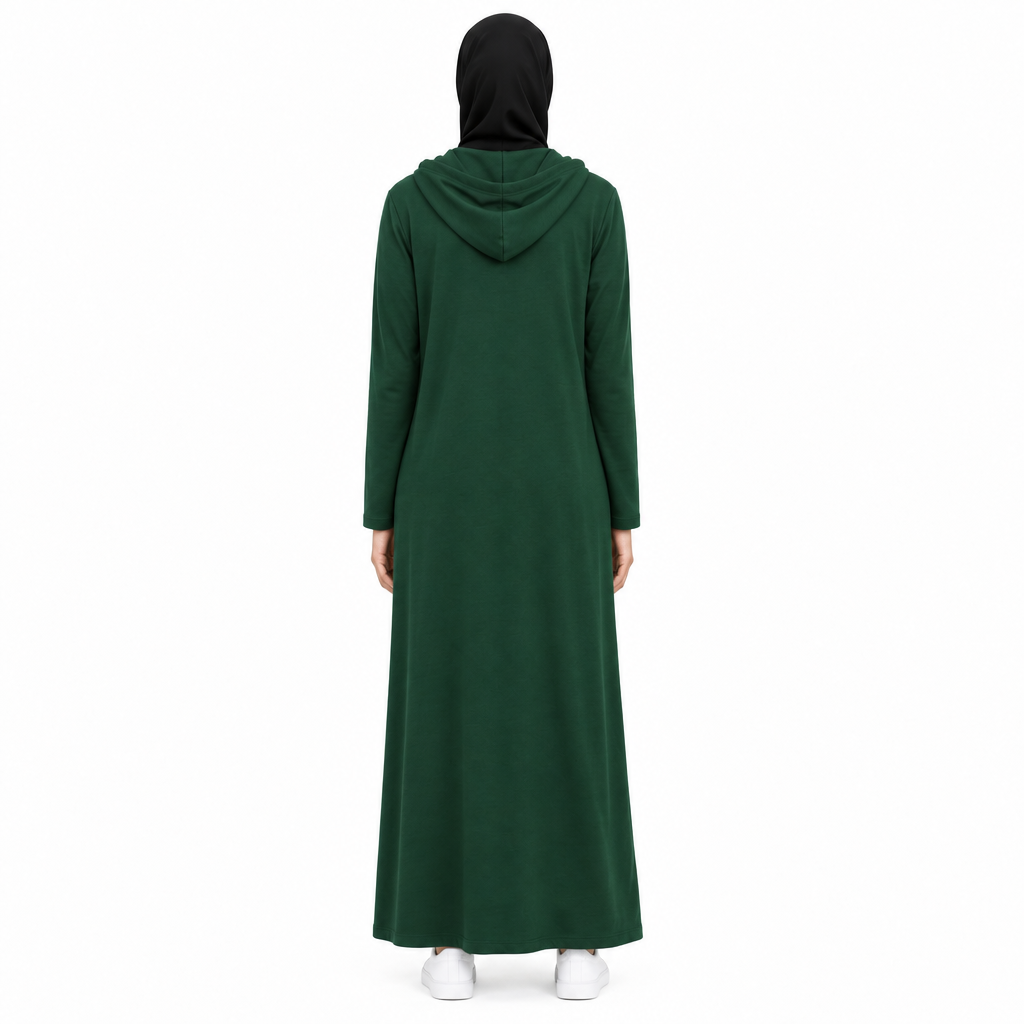 Back view of a dark green hooded modest dress showing the hood resting between the shoulders and full-length back on white