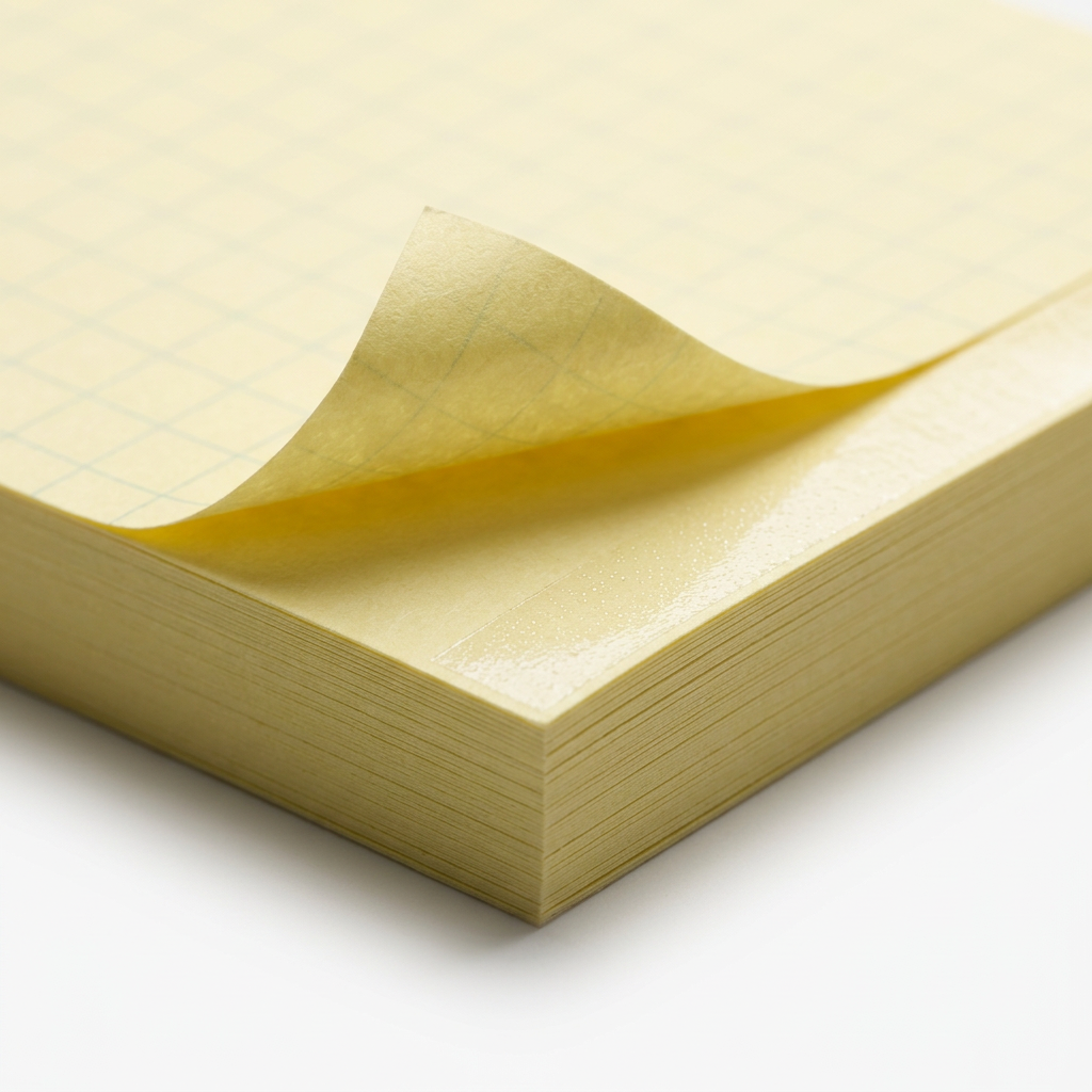 Detail close-up of sticky note pad showing repositionable microsphere adhesive strip and clean paper edges on white background