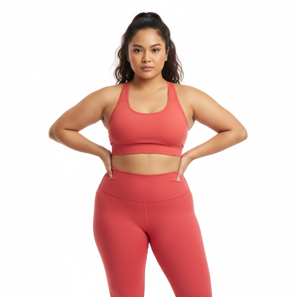 Filipino model wearing coral red ultra high waist leggings front view