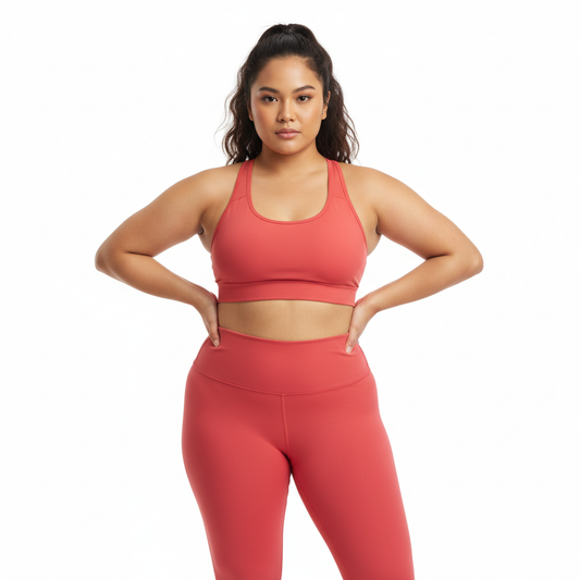 Filipino model wearing coral red ultra high waist leggings front view