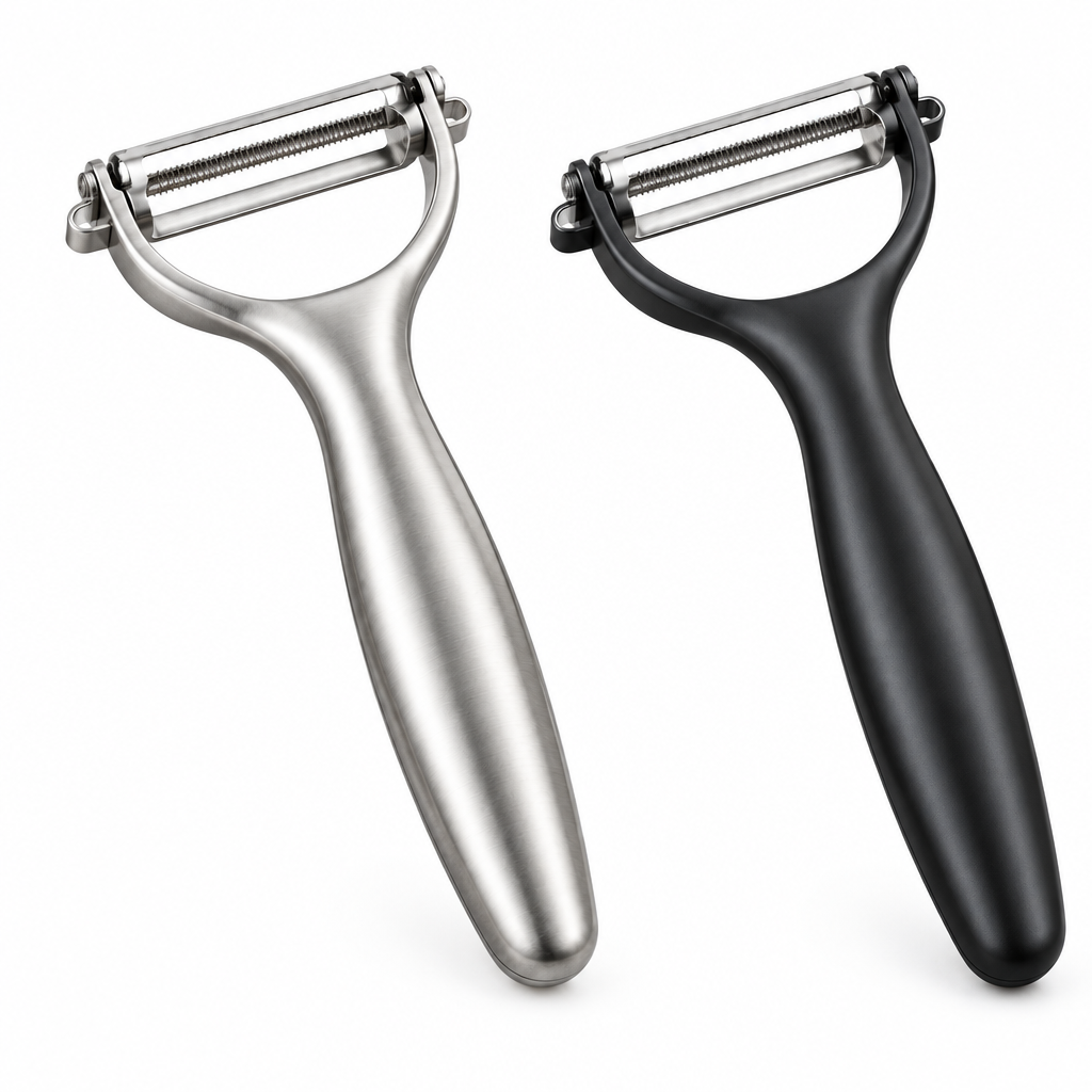 Stainless steel vegetable peelers in brushed silver and matte black finishes on pure white background