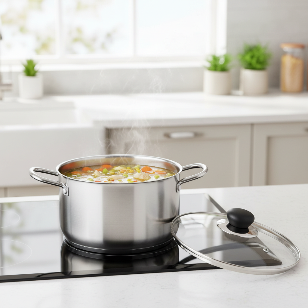 Stainless steel cooking pot simmering chicken vegetable soup on an induction cooktop with glass lid resting nearby.