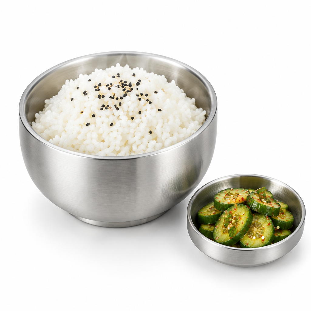 Round double-wall stainless steel rice bowl filled with steamed jasmine rice and black sesame seeds with cucumber side dish on pure white background