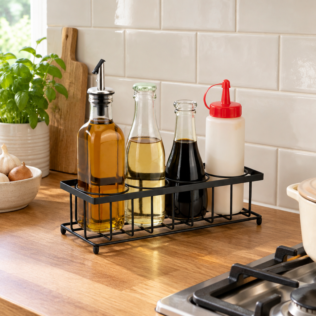 Kitchen bottle storage rack on countertop holding cooking oil and vinegar bottles