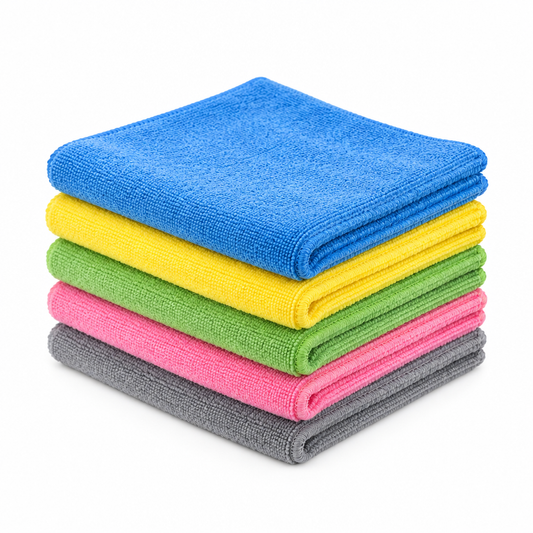 Microfiber cleaning cloths stacked in blue, yellow, green, pink and gray with overlocked edges on white background