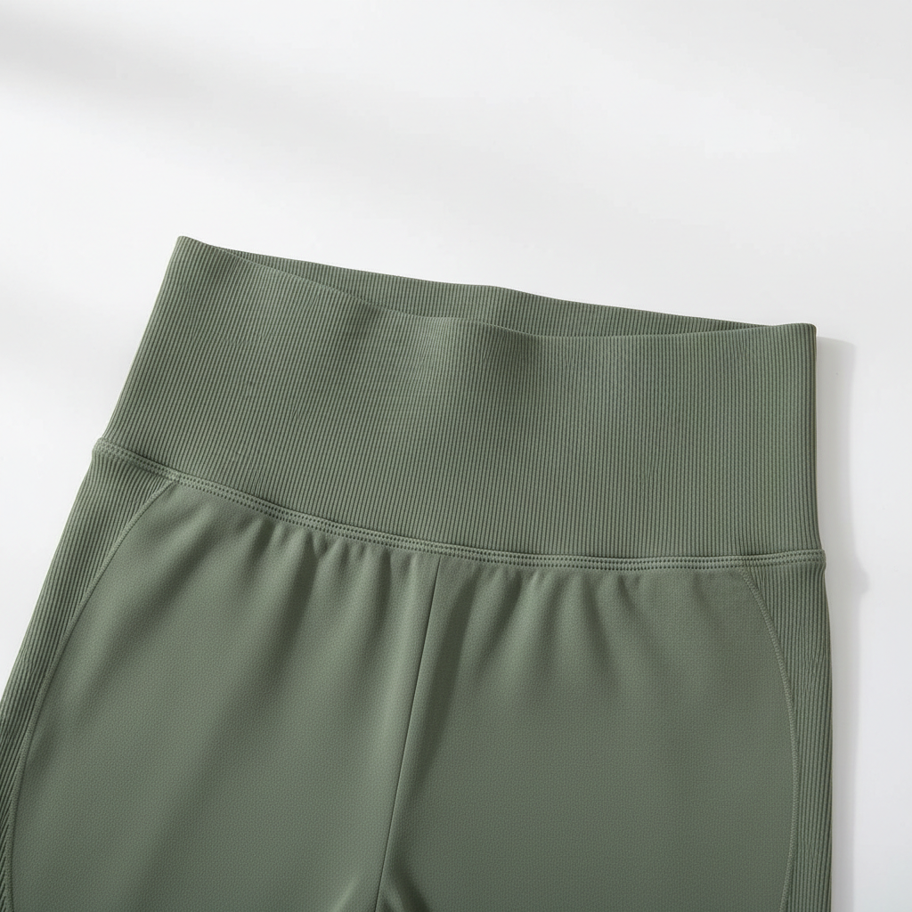 Olive green seamless yoga leggings waistband detail