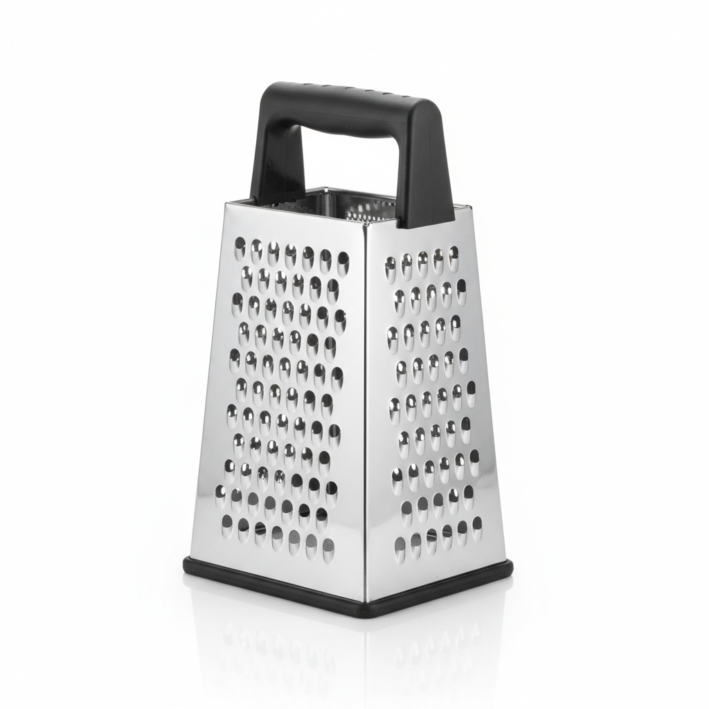 4-sided stainless steel box grater with black comfort handle and non-slip rubber base on pure white background
