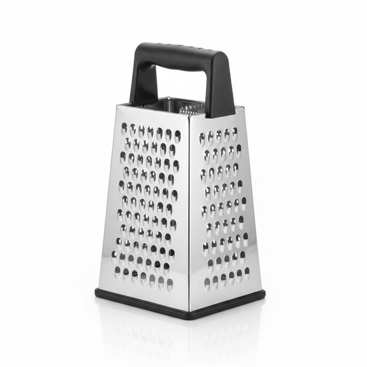 4-sided stainless steel box grater with black comfort handle and non-slip rubber base on pure white background