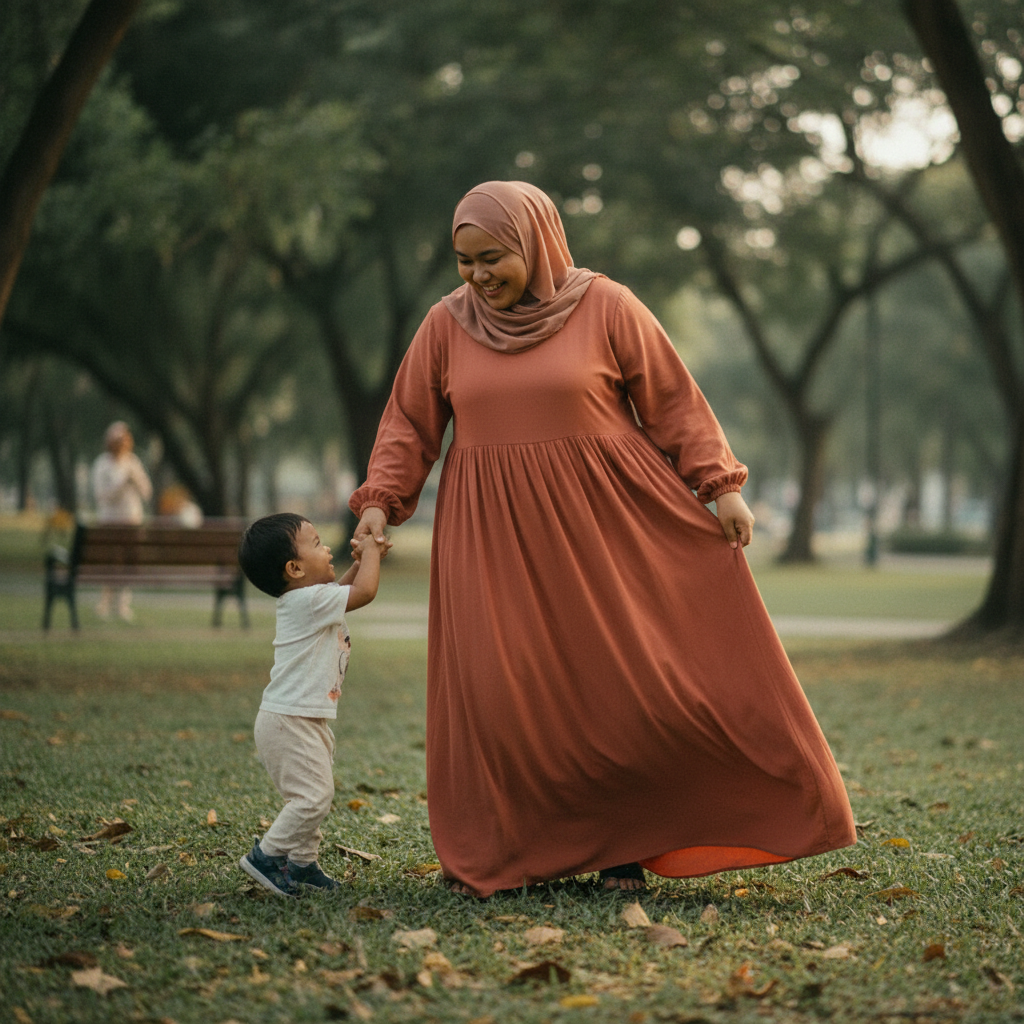 Malaysian Muslim woman terracotta loose modest maxi dress in park