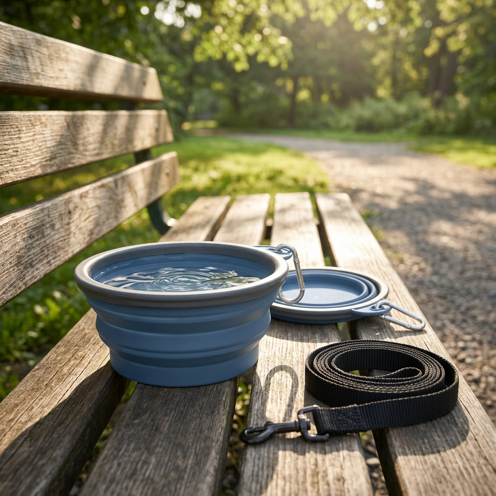 Collapsible silicone pet bowl with water resting on an outdoor park bench beside a coiled dog leash