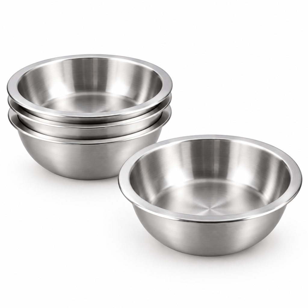 Stack of deep round stainless steel soup plates nested together showing stackable storage capacity on a pure white background