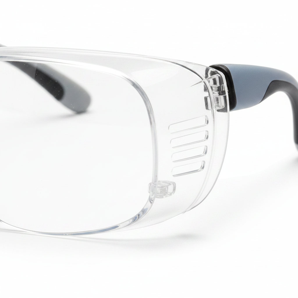 Macro detail of wraparound side shield with indirect ventilation vents on OTG glasses