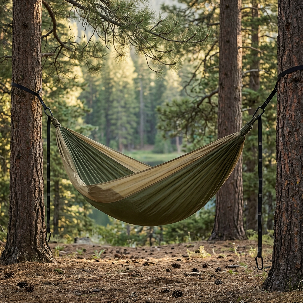 Camping hammock suspended between two trees in a scenic pine forest campground setting