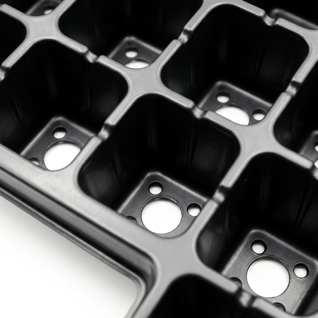 Macro close-up detail of seedling tray individual compartments showing tapered cell depth, smooth walls, and circular drainage holes on pure white background