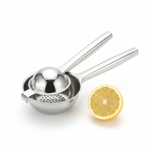 Stainless steel manual lemon squeezer with fresh lemon half on pure white background