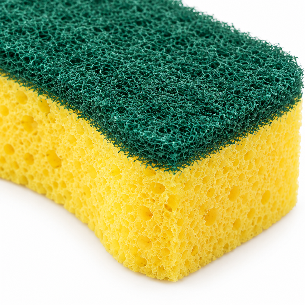Close-up of the cleaning sponge porous yellow cellulose sponge and green abrasive scouring fiber layer