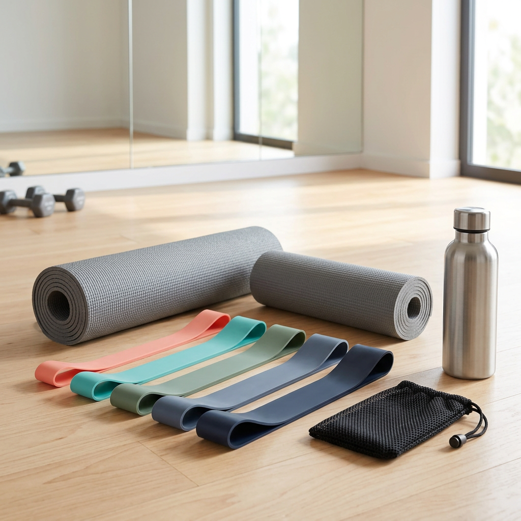 Resistance loop bands set with mesh carry bag on studio gym floor