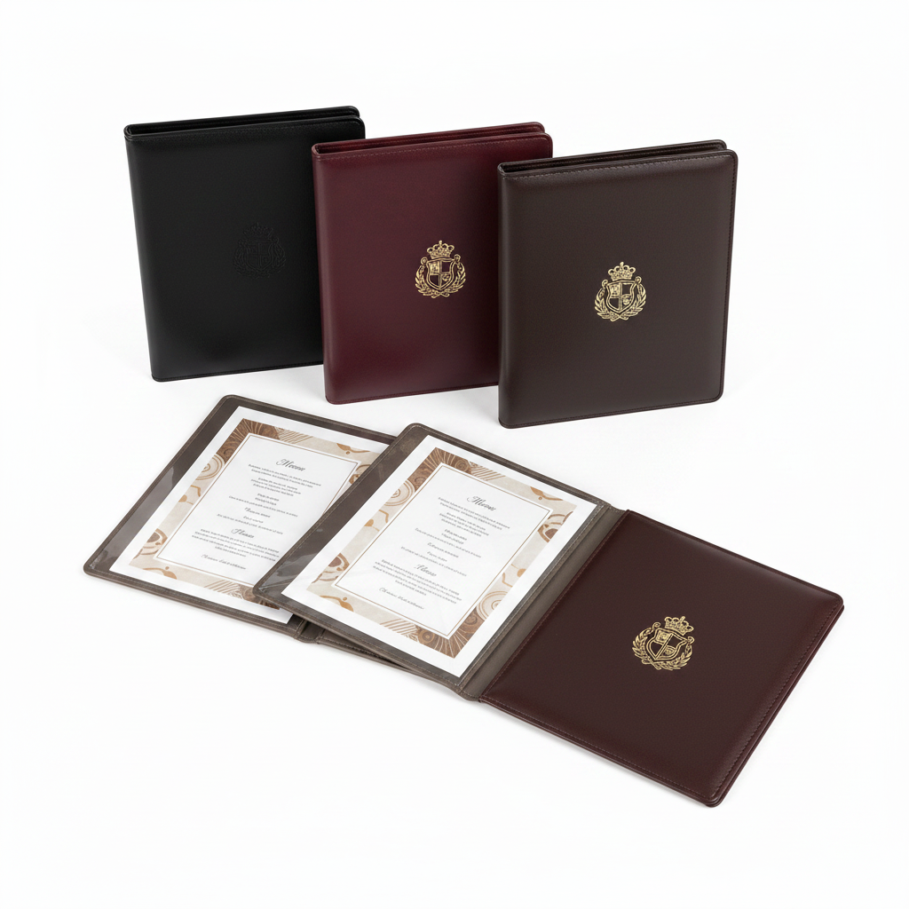 Assorted color finishes of hotel room service folders in open and closed views on white background
