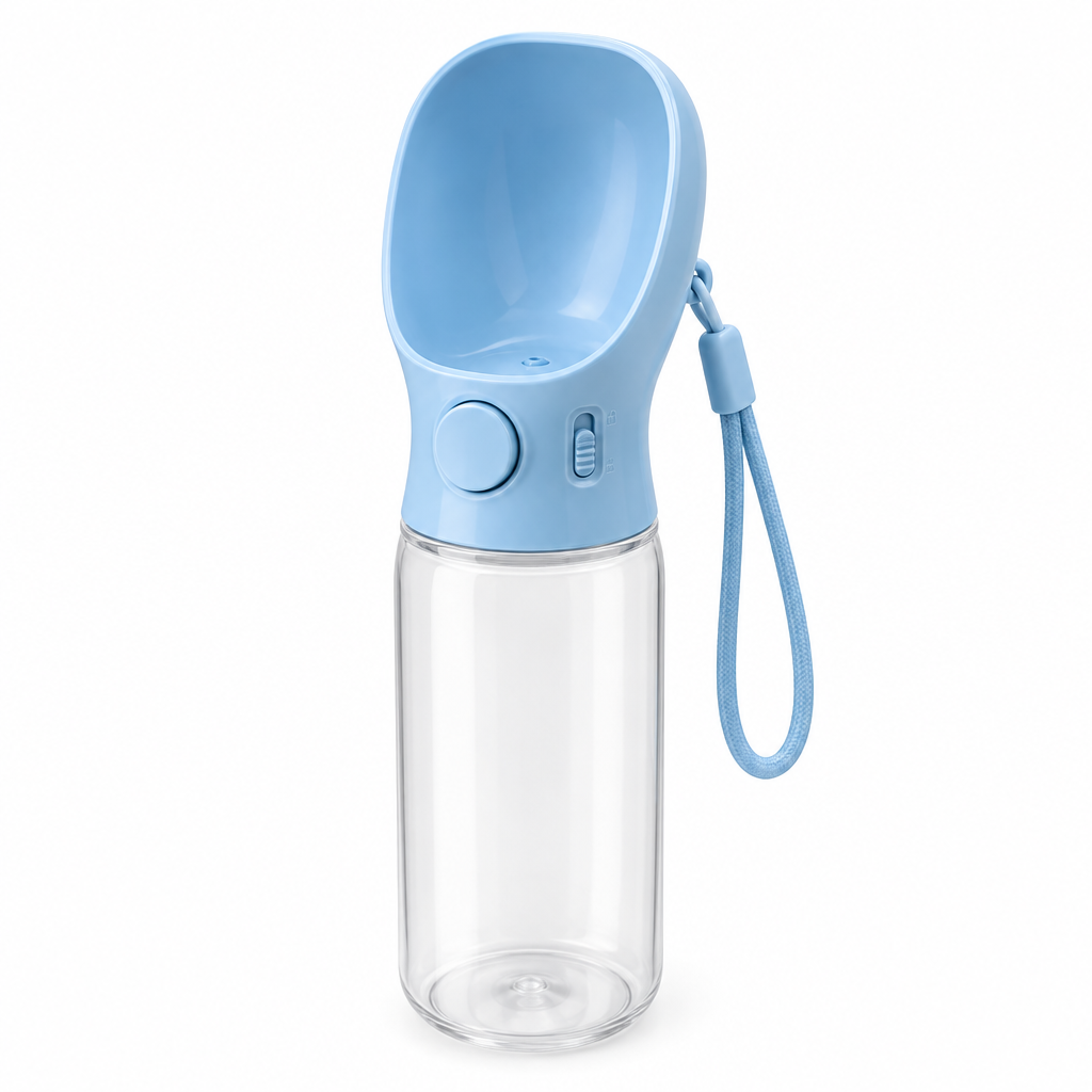 Pastel blue portable dog water bottle with integrated drinking trough and lock button on pure white background