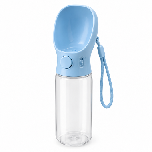 Pastel blue portable dog water bottle with integrated drinking trough and lock button on pure white background