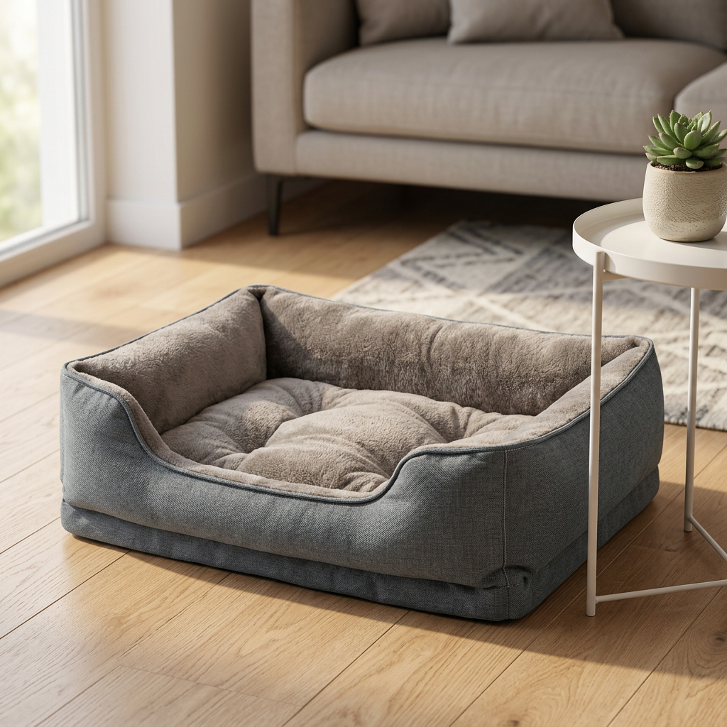 Bolster dog bed with raised sides resting on light wood floor in sunlit modern living room