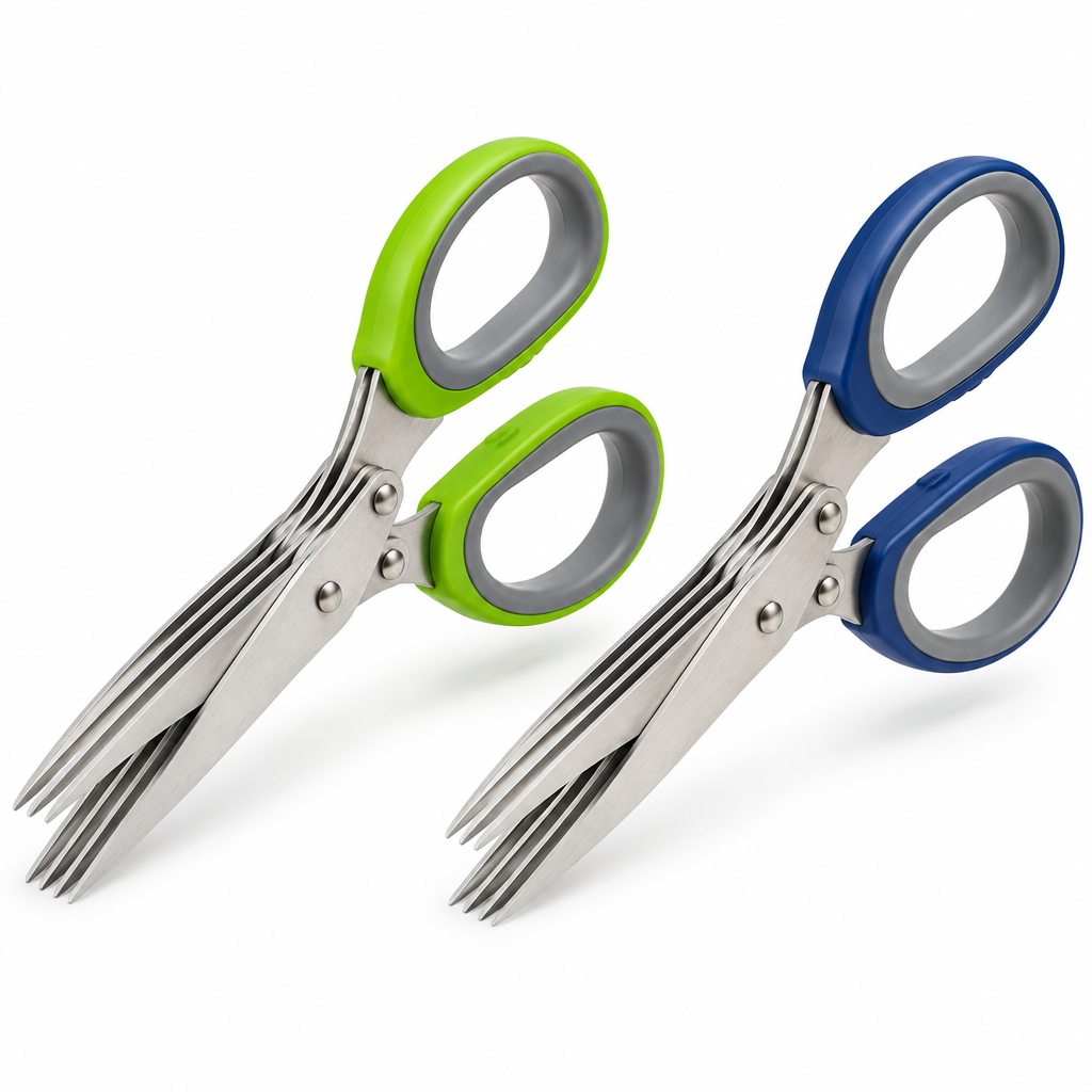 Five-blade stainless steel herb scissors with green and navy blue handles displayed side by side on a pure white background