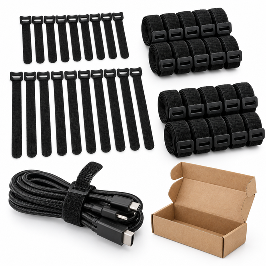 Assortment of black reusable hook-and-loop fabric cable ties arranged with a bundled set of computer USB and power cables on a pure white background