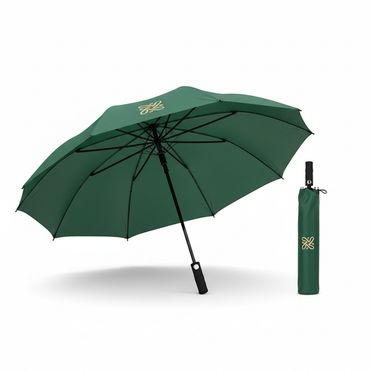 Deep forest green automatic hotel umbrella with eight-panel canopy, fiberglass frame, straight handle and matching sleeve on white background